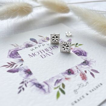 Square Flower Sterling Silver Stud Earrings On Mother's Day Gift Card Flower Jewellery Gift For Mum, 2 of 10