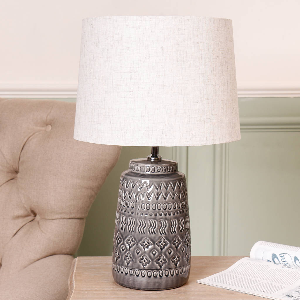 Grey Moroccan Ceramic Table Lamp With Beige Linen Shade By Dibor