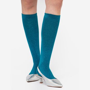 Women's Knee High Glitter Socks Teal Blue, 2 of 4