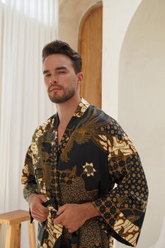 Men's Black Satin Kimono Robe, 5 of 7