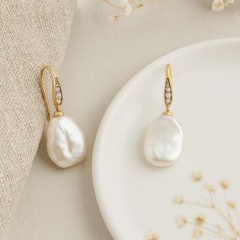 9ct Gold Keshi Pearl And Diamond Drop Earrings – 23mm, 2 of 5