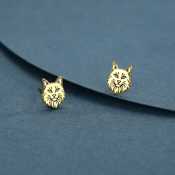 Sterling Silver Maine Coon Style Cat Face Stud Earrings, 6 of 12