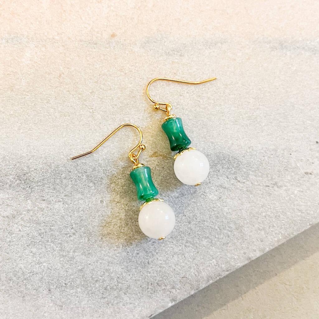 Art Deco Green Jade And White Agate Beads Drop Earrings, 1 of 1