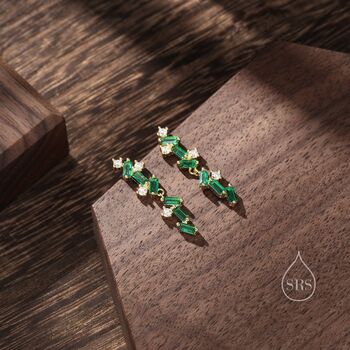Emerald Green Cz Cluster Stud Long Drop Earrings, 5 of 11
