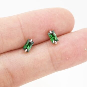 Sterling Silver Tiny Baguette Cut Emerald Green Cz Stud Earrings, 3 of 12
