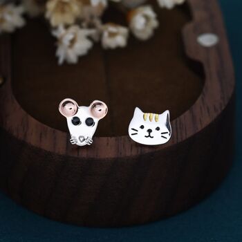 Sterling Silver Cat And Mouse Stud Earrings, 3 of 7