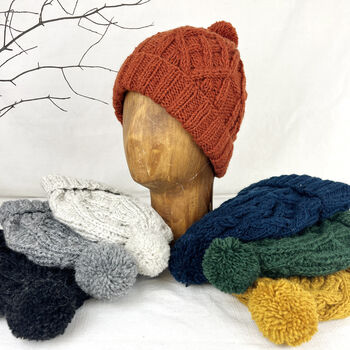 Fair Trade Unisex Cosy Cable Knit Wool Bobble Hat, 6 of 10