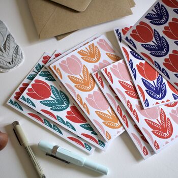 Block Print Tulip Notecards Set Of Eight, 3 of 3