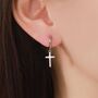 Sterling Silver Minimalist Cross Huggie Hoop Earrings, thumbnail 4 of 12