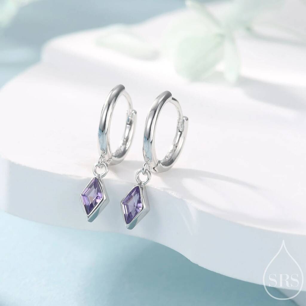 Very Tiny Rhombus Amethyst Purple Cz Huggie Hoop In Sterling Silver, 1 of 12