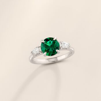 Emerald Round Cut Three Stone Engagement Ring In Sterling Silver And Gold, 4 of 12