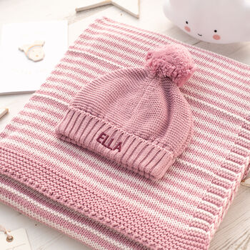 Girls Dainty Stripe Blanket, Bobble Hat And Mittens Set, 3 of 12