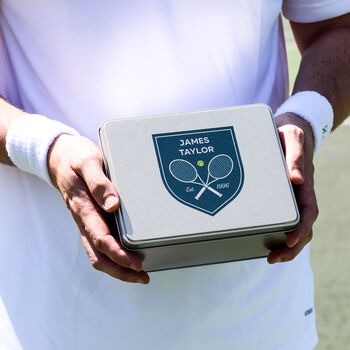 Personalised Tennis Shield Tin With Hip Flask Gift For Him, 8 of 8