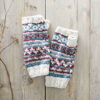 Fair Trade Fair Isle Knit Wool Lined Wristwarmer Gloves, 3 of 12