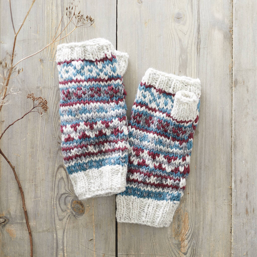 Fair Trade Fair Isle Knit Wool Lined Wristwarmer Gloves, 1 of 12