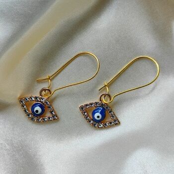 Long Silver Evil Eye Huggie Zircon Devil Eye Charm Earrings, 8 of 8