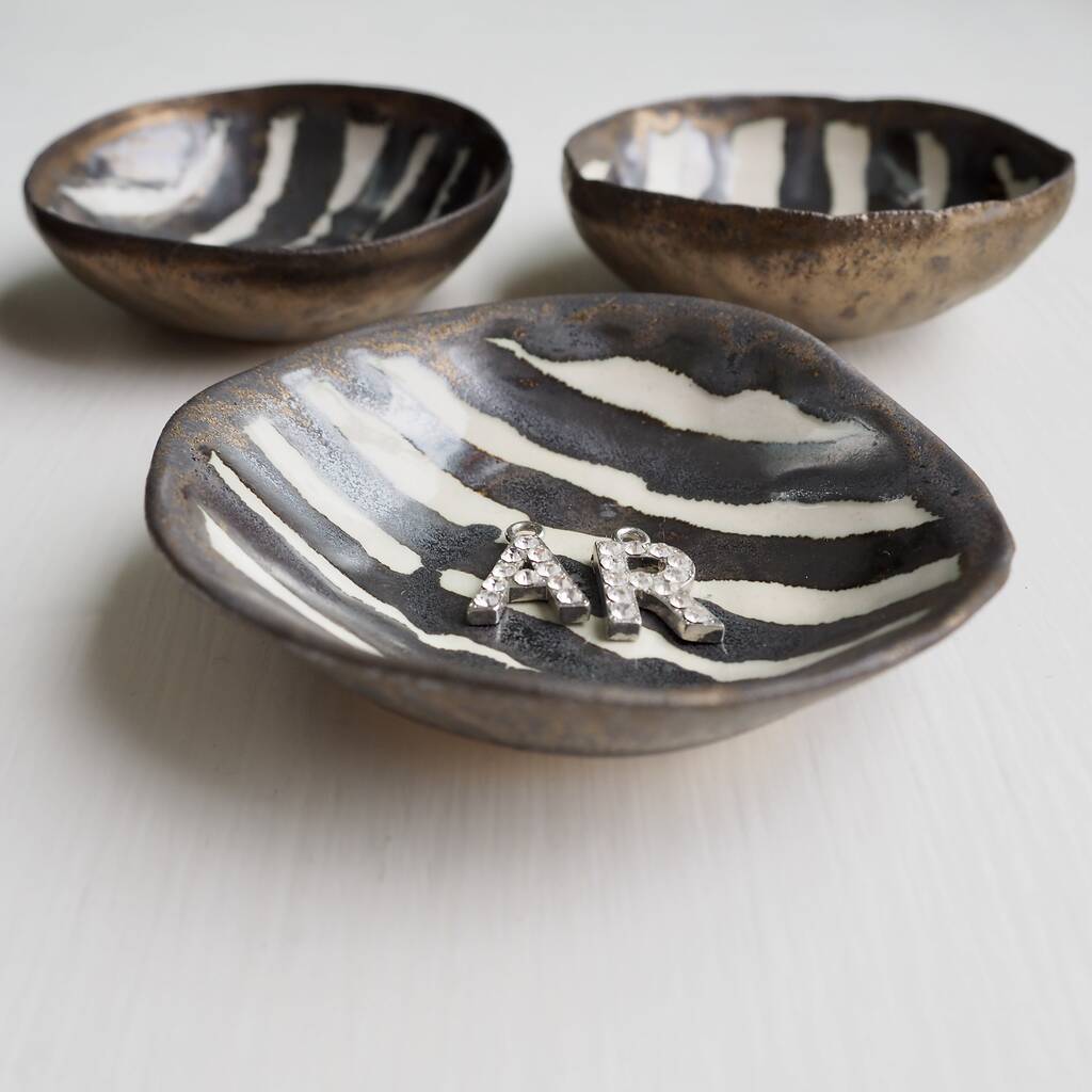 Handmade Ceramic Zebra Stripes Gold Ring Dish, 1 of 8