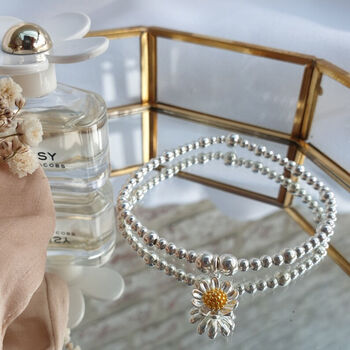 Sterling Silver Daisy Flower Charm Stretch Bracelet, 2 of 4