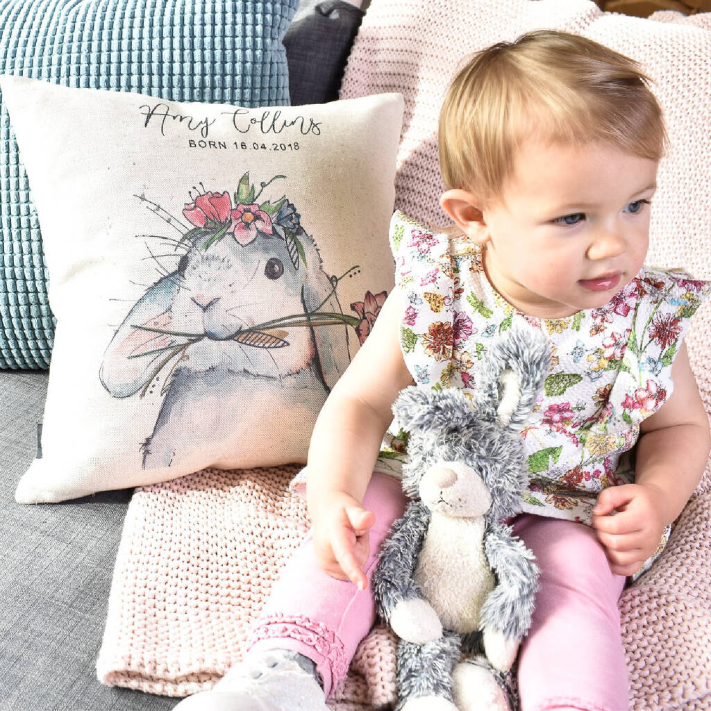 Watercolour Bunny Personalised Cushion, 1 of 4