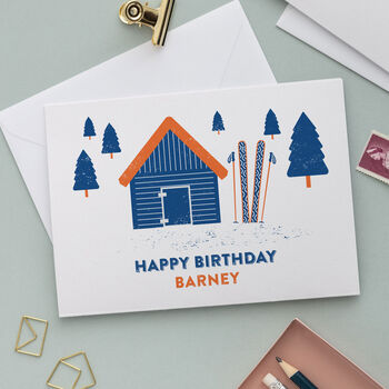 Skiing Chalet Personalised Birthday Card, 2 of 3