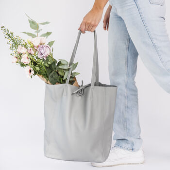 Dove Grey Soft Leather Tie Top Tote, 2 of 10