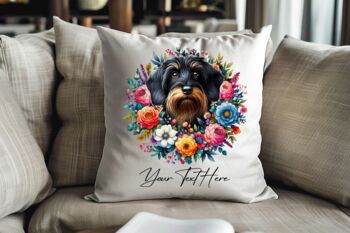 Personalised Wirehaired Dachshund Summer Floral Dog Wreath Cushion And Mug Bundle, 3 of 3