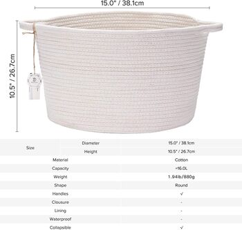 White Oval Cotton Rope Storage Basket With Handles, 4 of 5