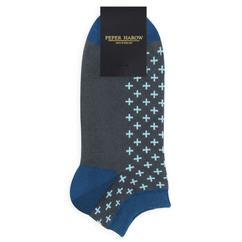 Retro Stripe Blue And Crosslet Grey Men's Trainer Socks, 5 of 5