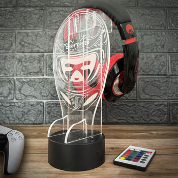 Personalised Racing Helmet Neon Light Up Gaming Headphone Stand, 5 of 5