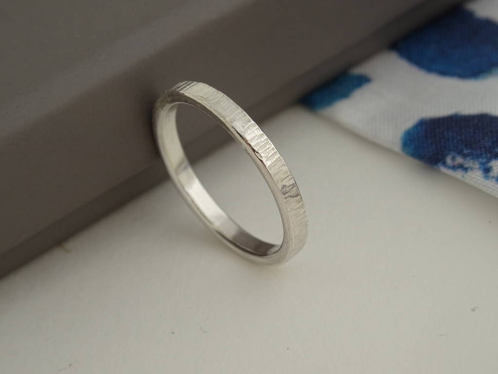 Handmade Polished Bark Texture Silver Ring, 1 of 3