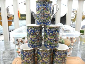 Set Of Six Straight Mugs In Blue Strawberry Thief Design, 7 of 10