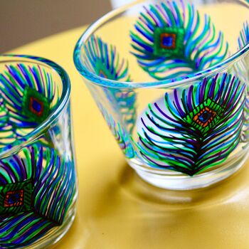 Peacock Feather Hand Painted Glass Tea Light Holders, 3 of 5