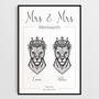 Personalised Mrs And Mrs Print Royal Lioness Portraits Lion Wall Art, thumbnail 5 of 7
