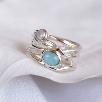 Statement Silver Ring With Larimar And Pearl, 4 of 8