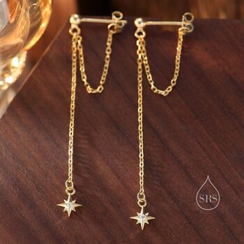 Tiny Cz Starburst Dangle Chain Stud Earrings, 4 of 9