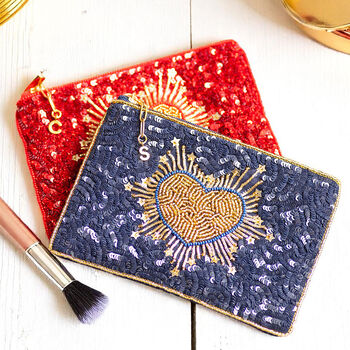 Red Beaded Heart Pouch Personalised With Gold Initial Charm, 3 of 3