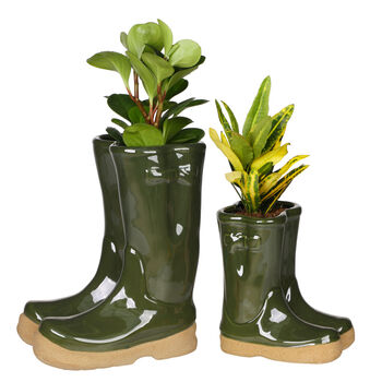 Two Personalised Green Welly Boots Planters, 2 of 6
