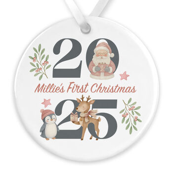 Personalised 2025 Baby's First Christmas Ceramic Bauble In Red, Pink Or Blue, 6 of 9