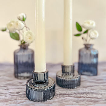 Blue Ribbed Glass Candlestick Holder, 6 of 12