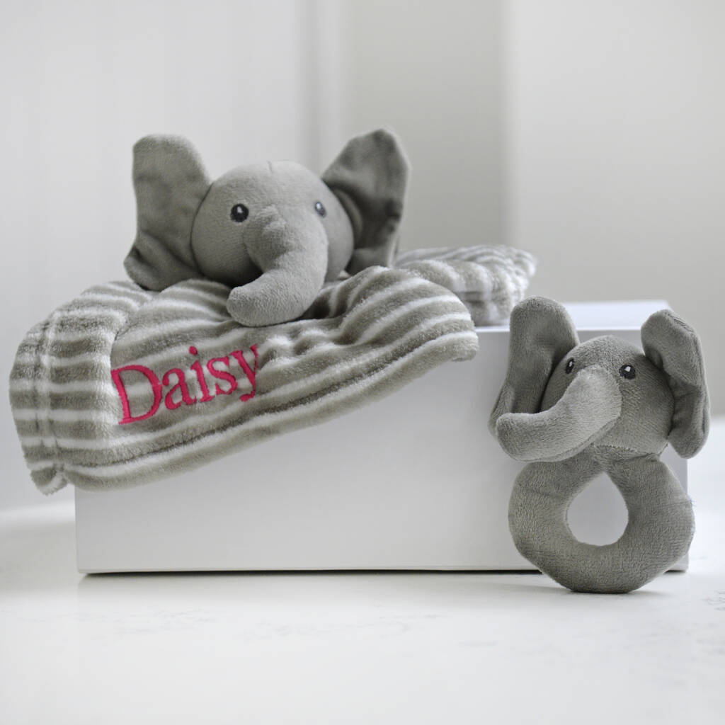 personalised elephant comforter and rattle by a type of design