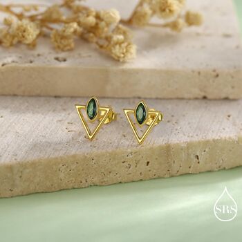 Sterling Silver Triangle And Emerald Green Marquise Cz Arrow Stud Earrings, 7 of 12