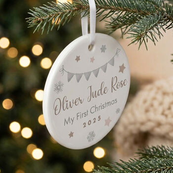 My First Christmas Baby Garland Ceramic Disc Hanging Decoration Bauble + Gift Box, 3 of 9