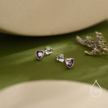 Tiny Amethyst Purple Cz Heart Stud Earrings, 4 of 12