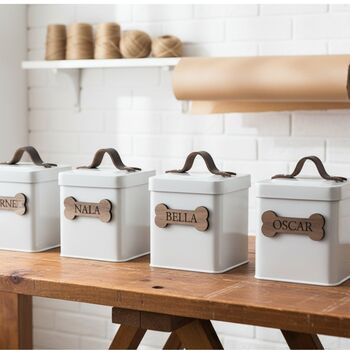 Personalised Farmhouse Pet Treat Tin With Walnut Nameplate, 4 of 9