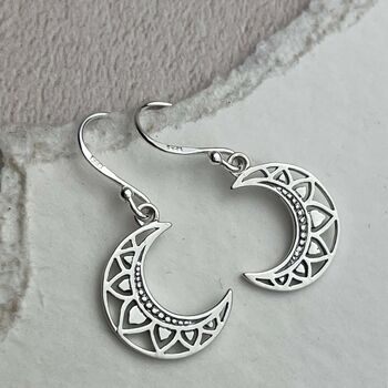 Sterling Silver Mandala Moon Earrings, 5 of 7