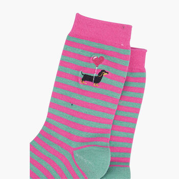 Striped Embroidered Sausage Dogs Ankle Socks Women's Pink Green, 3 of 3