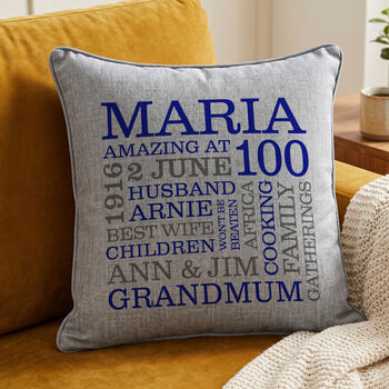 Personalised 100th Birthday Word Art Cushion, 5 of 8