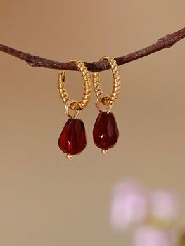 Red Agate Pomegranate Seed Twisted Huggie Hoop Earrings, 6 of 11
