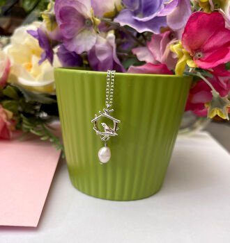 Sterling Silver Mini Robin Nest With Baroque Pearl Necklace, 6 of 9