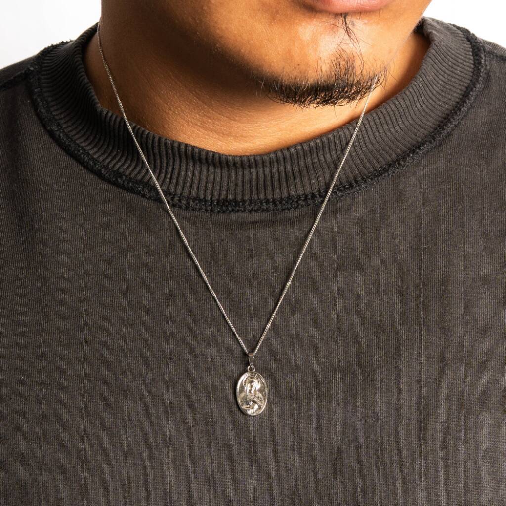 Virgin Mary Silver Oval Pendant Chain Necklace For Men, 1 of 9
